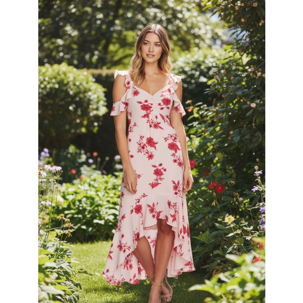 CECE Secret Blush Floral Spring Bouquet Ruffled
Hi Low Maxi Dress Size Large
